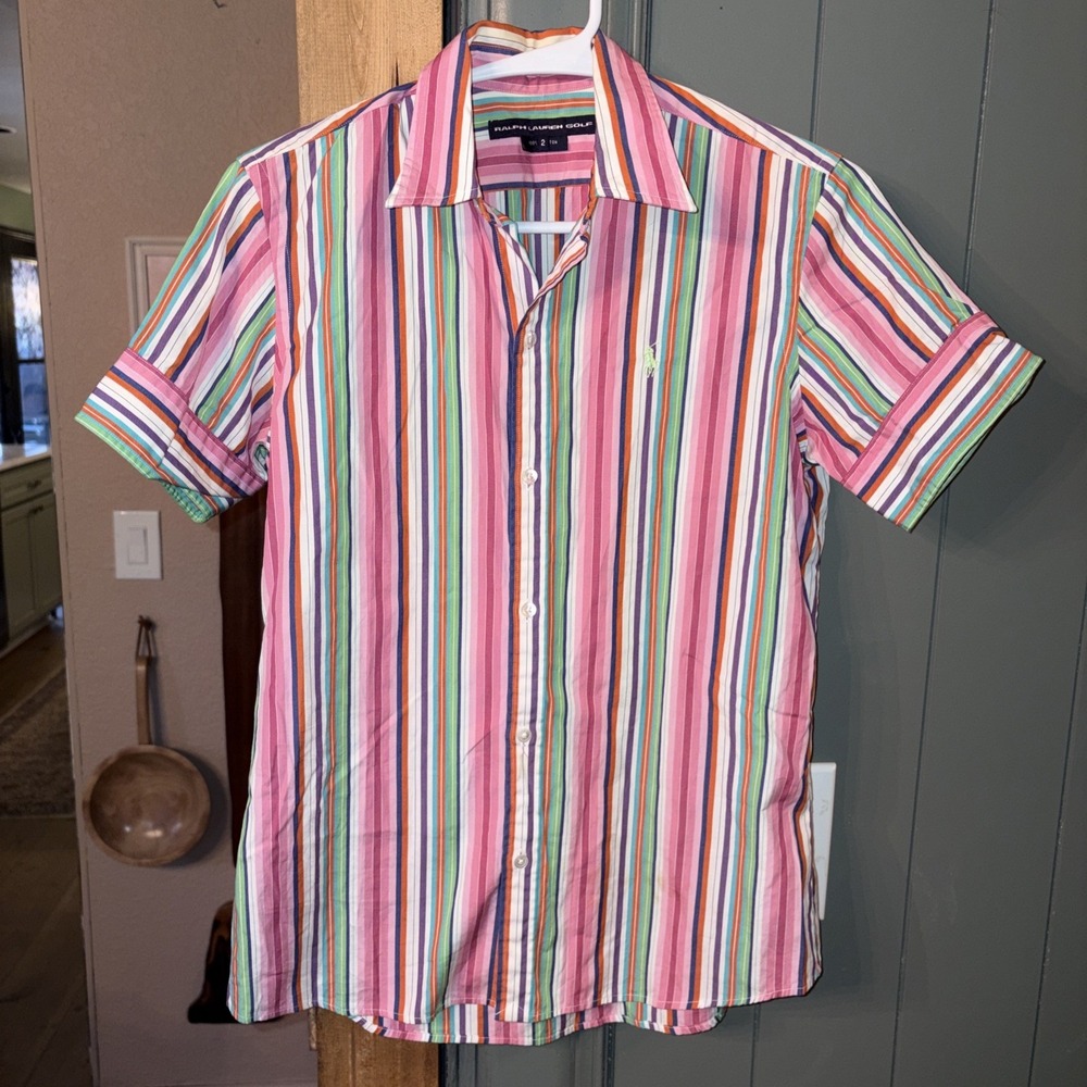 Ralph Lauren Golf Candy Stripe Women's 2 Button Down Preppy Shirt Short Sleeve
